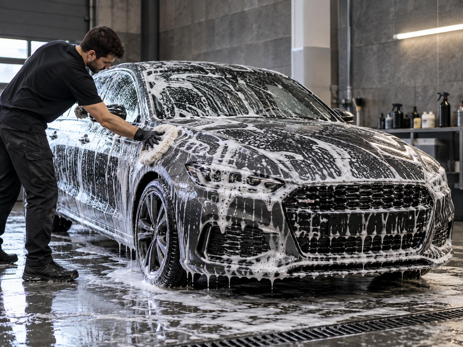 lavage à la mousse dans un atelier gris