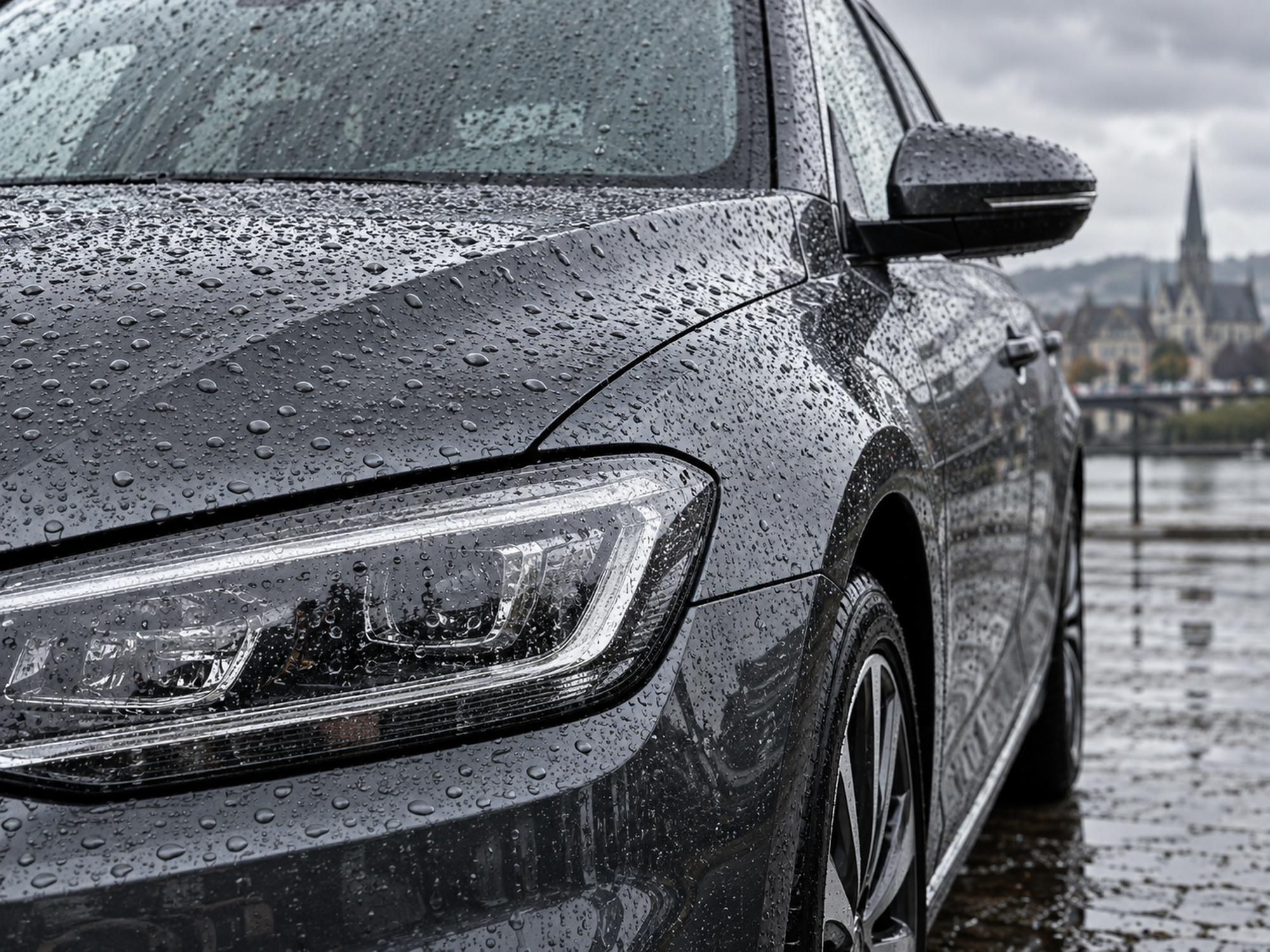 gouttes de pluie sur une carrosserie gris ardoise